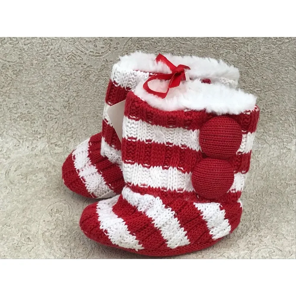 Mudpie Baby Booties 0-6 Months Red White Stripe Cable Knit Shoes 2010 New‎